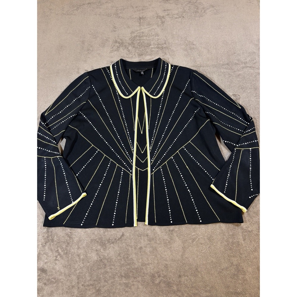 Ming Wang Embellished Black Jacket Yellow Trim and Dot Stripe Design Womens XL